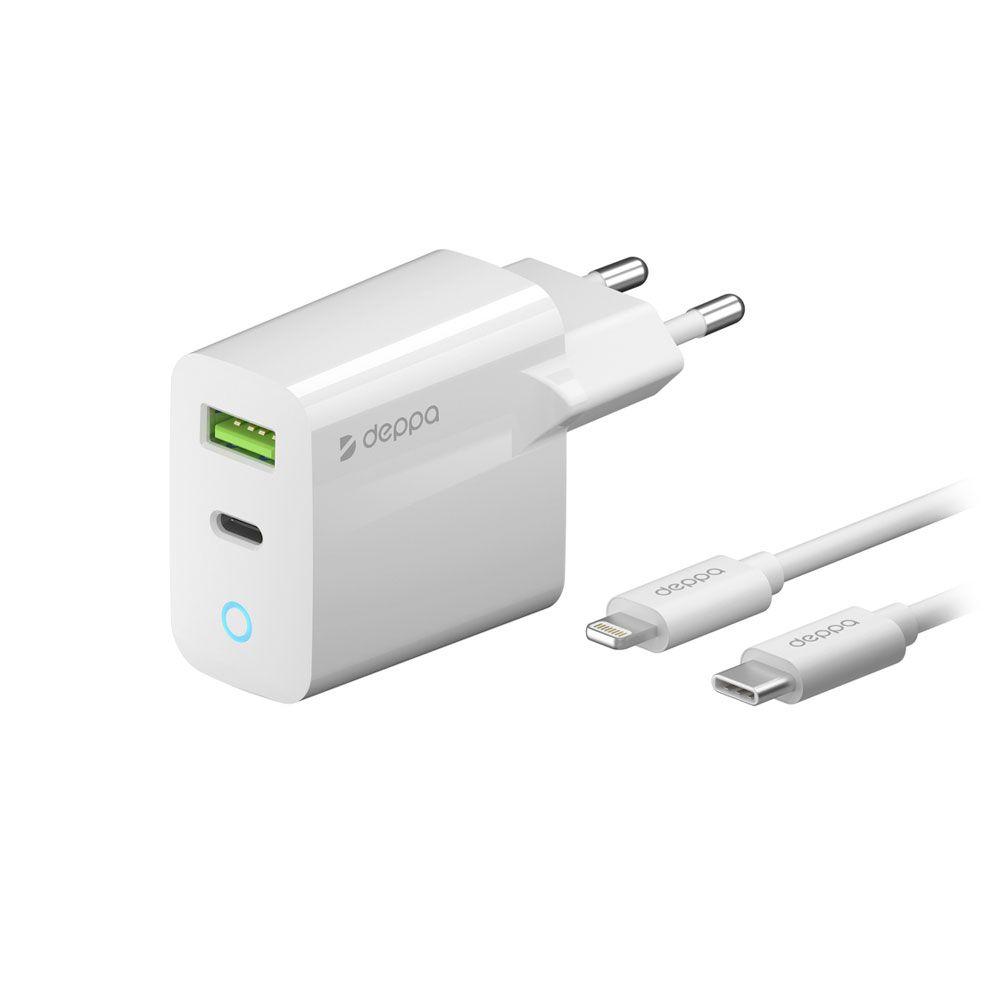 Зарядное устройство сетевое Deppa USB C + USB-A + кабель, 20Вт, белый - 0
