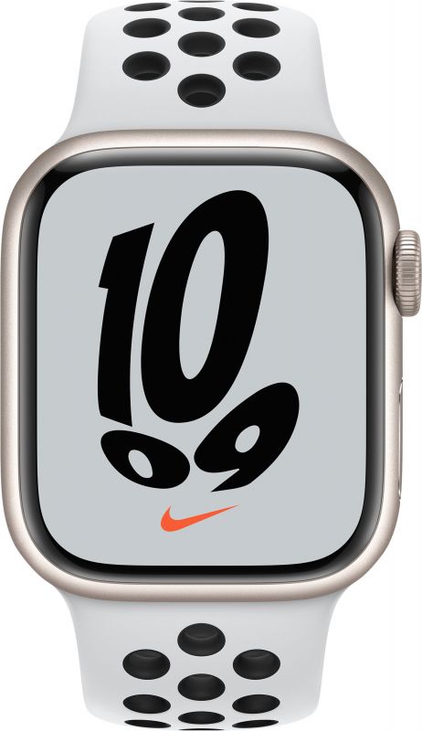 Apple Watch Nike Series 7 GPS 45mm (корпус - сияющая звезда, спортивный ремешок Nike цвета чистая платина/черный, IP67/WR50)— фото №2