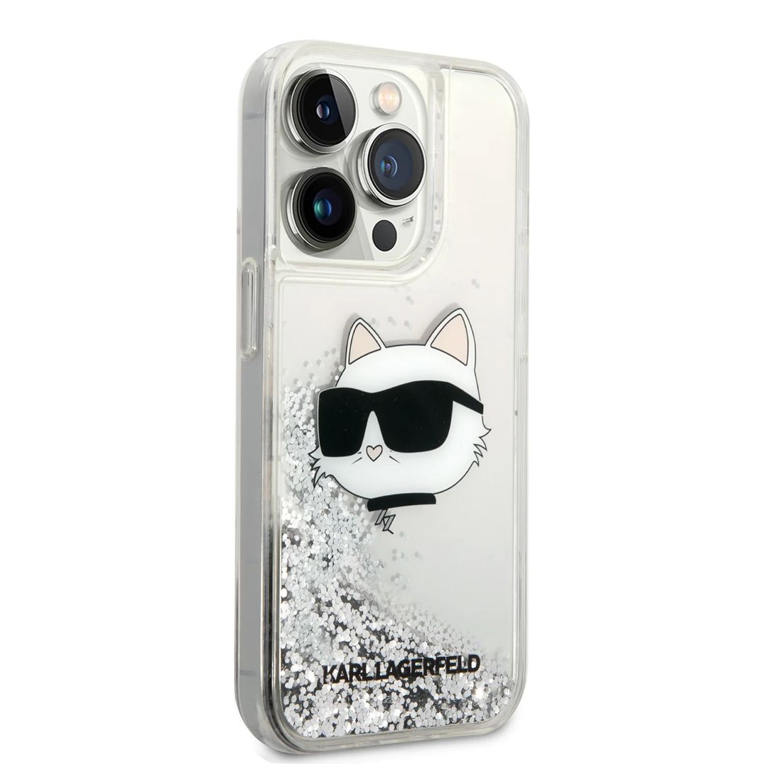 Чехол-накладка Lagerfeld Liquid Glitter NFT Choupette head Hard для iPhone 15 Pro Max, силикон, серебристый— фото №1