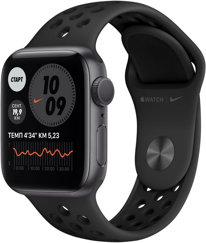 Apple Watch Nike Series 6 GPS, 40 мм, алюминий серый космос, спортивный ремешок Nike цвета «антрацитовый/чёрный»— фото №0