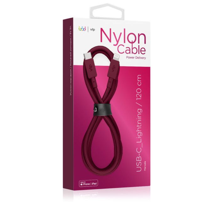 Кабель VLP Nylon Cable USB-C / Lightning, 1,2м, марсала— фото №1